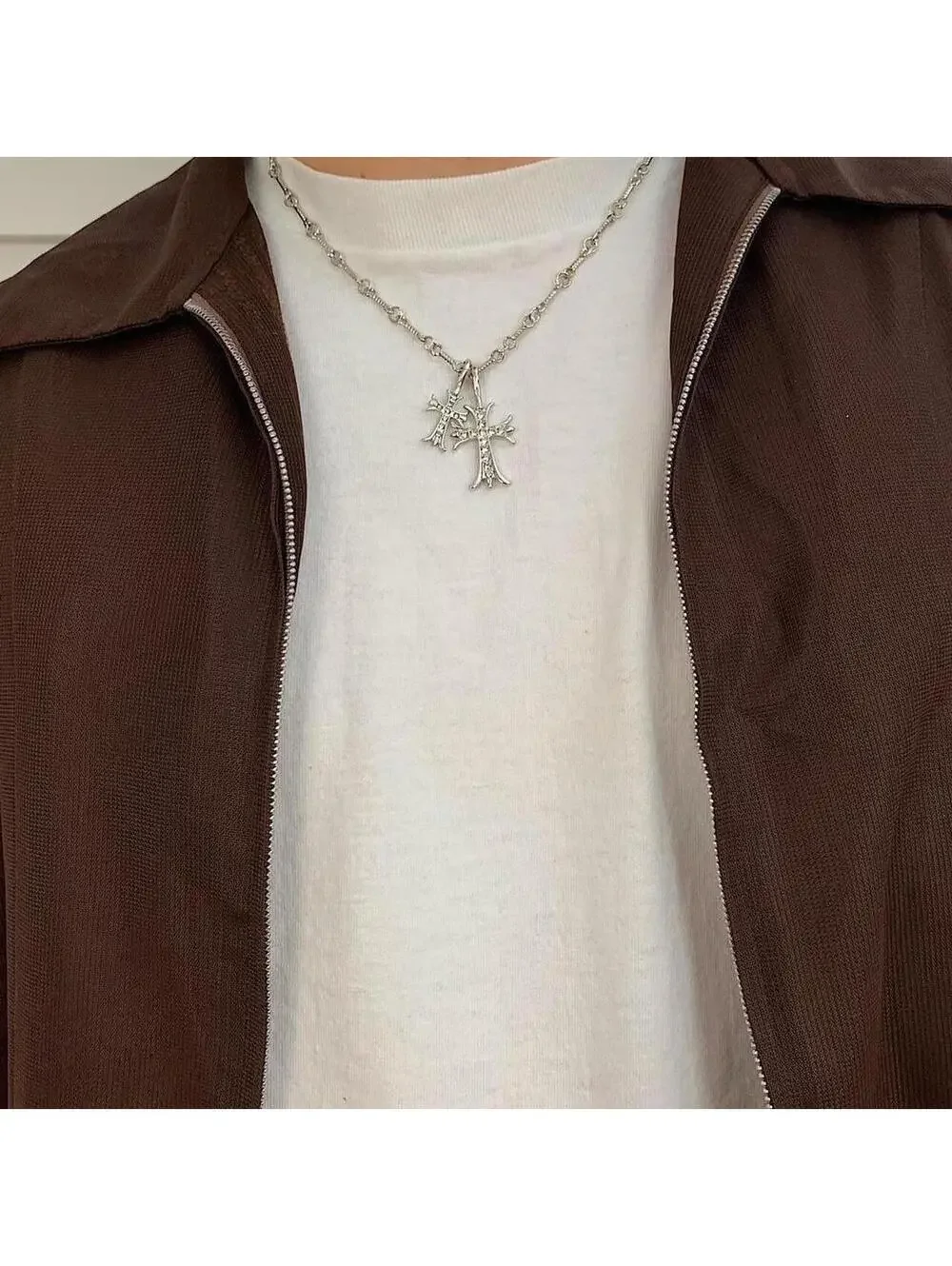 Cyber Vintage y2k style Double Cross Silver Necklace. Rhinestone Cross. 19.5